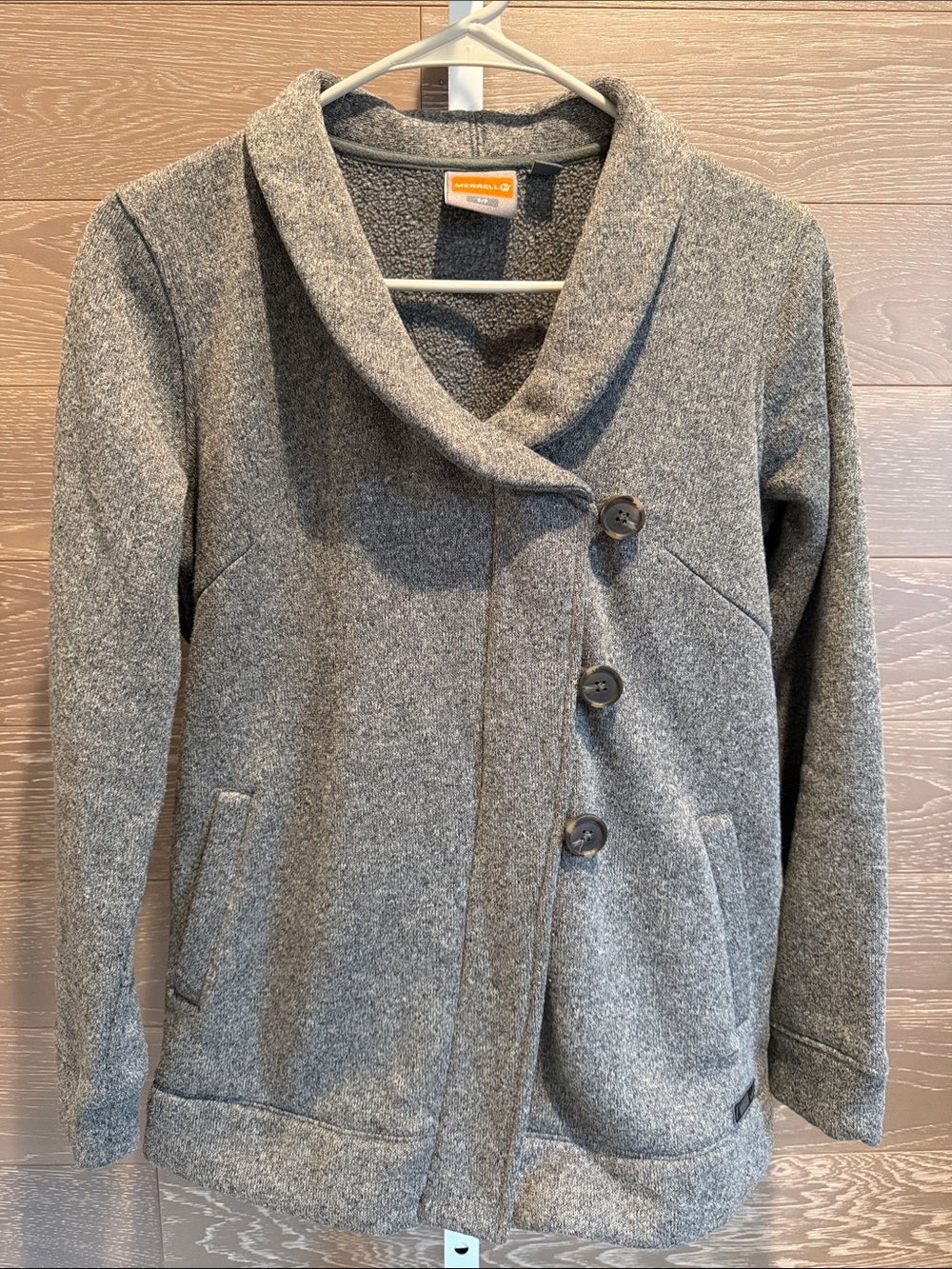 Merrell Gray Shawl-Collar Asymmetrical Button Jacket